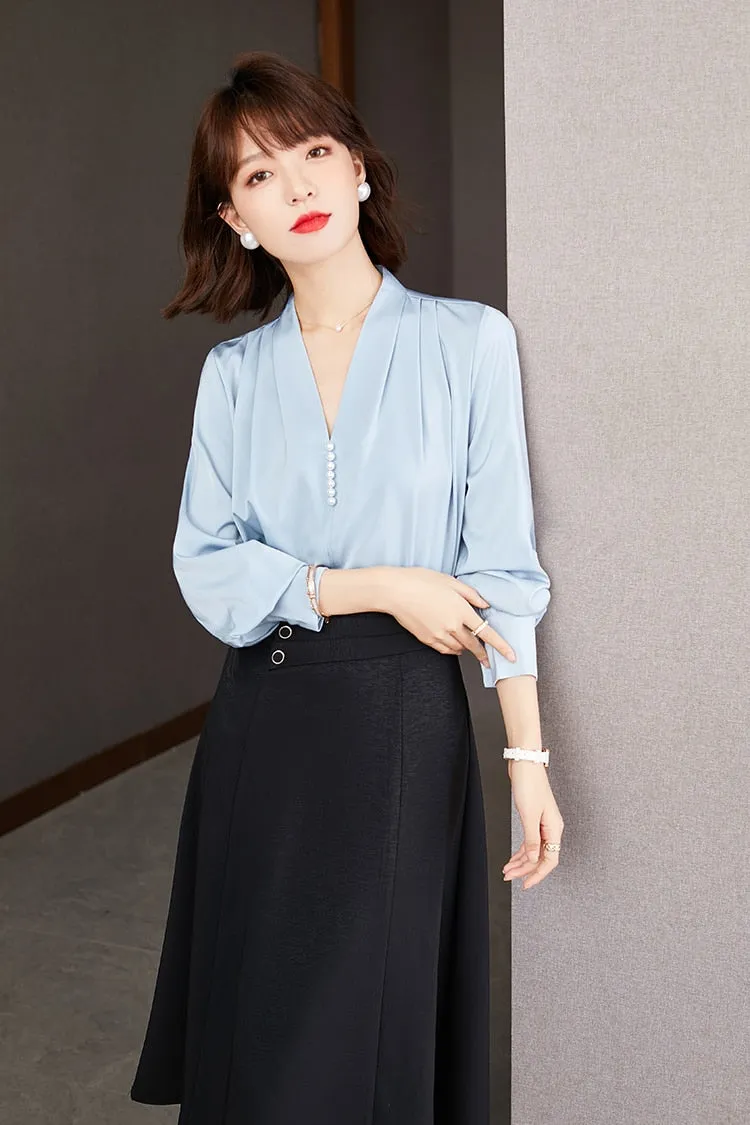 Women's Vintage Chiffon Non-Stretch V-neck Loose Fit Long Sleeve Blouse